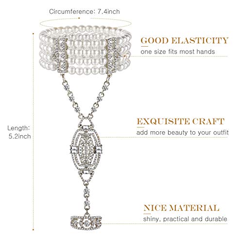 Hicarer 2 Pieces 1920s Flapper Bracelet Ring Set Imitation Pearl Crystal Bracelet for Women Halloween cosplay2