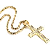 Collar con colgante de cruz A5 CZ de acero inoxidable de tres filas para mujeres y hombres, en cadena de cuerda de 24 pulgadas, oro/plata, Acero inoxidable, circonita