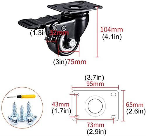 Roulettes de meubles 75mm avec frein en polyuréthane - 3