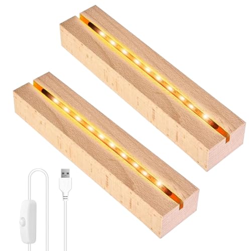 UQTUKO LED Lichter Display Basis  2 Stück LED Sockel Holz mit USB Schalter Lichtsockel Holz Beleuchtete LED Leuchten Sockel Rechteckig sockel Display Ständer für Acrylglas Platte Harz