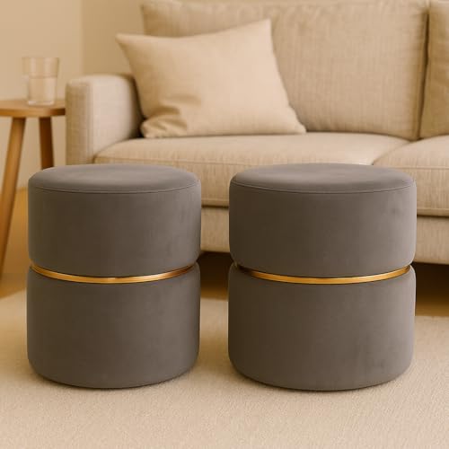 JUMBO CRAFTS Wooden Puffy Stool for Living Room Round Footstool - Ottoman Stool for Living Room Furniture Round Ottoman - Sitting Pouffe Ottoman Stool/Room Dcor/Office Stool - (Set of 2 Grey)