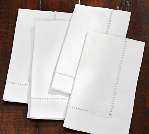 Fennco Styles Classic Solid Color Hemstitch Border Table Napkins for Dining Table, Banquet, Wedding, Family Dinner, White, 22 x22 Inch - Set of 4