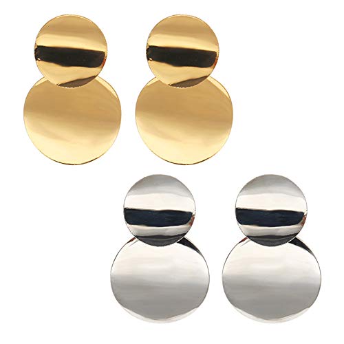 ONLYJUMP Round Statement Earrings Set for Women Girls Retro Lightweight Gold Silver Metal Geometric Curved Dangle Drop Earring Fashion Jewelry Gift (Gold and Silver)