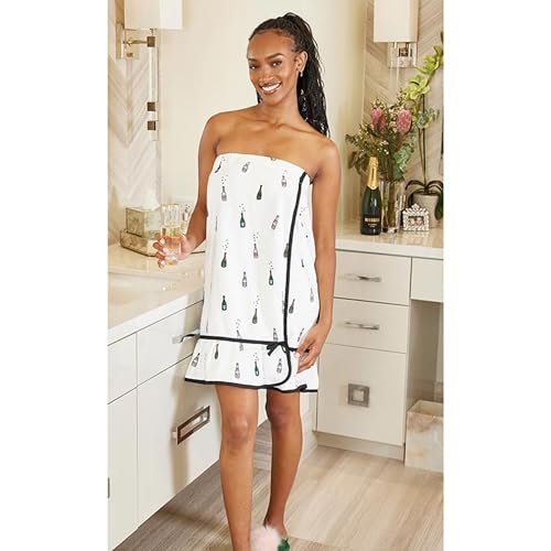 Image of Bella Spa, Shower, or Bath Wrap with Adjustable Closure for Women to Get Ready, Plush Polyester Ruffled Champagne Bottles, One Size Fits Most
