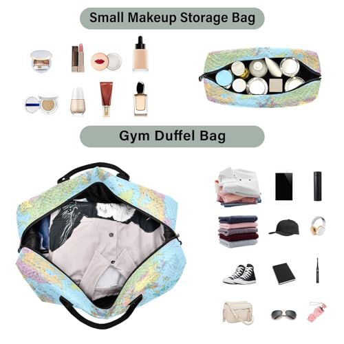 OTVEE Travel Bag Set Colored World Map Quilted Gym Duffel Bag Overnight Weekender Bags4