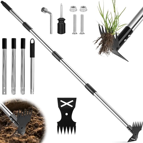 Extractor Malas Hierbas con Mango Largo Ajustable 148cm, Herramientas Extracción Rastrillo Jardín Azada Manual 2 en 1, Extractora Malezas Eliminación ​​Desbrozar Escarda para Césped, Patio, Terraza