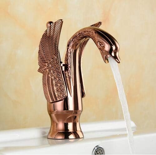 Image of BASSINO Brass Rose Gold Swan Shape Bathroom Sink Wash Basin Mixer Tap Single Handle Hot & Cold Waterfall Lavatory Sink Faucet for Living Room & Bathroom (Rosegold-8 INCH)