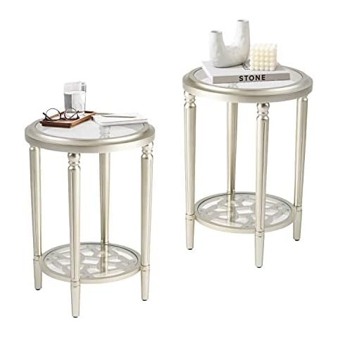 COSIEST Set of 2 Modern Round End Table, 2-Tier Champagne Side Table with Tempered Glass Tabletop, Wood Accent Table with Storage Shelf for Living Room, Bedroom Cover