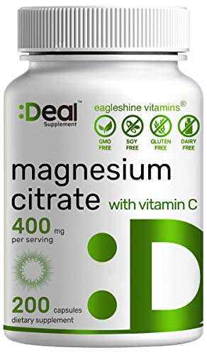 Deal Supplement Magnesium Citrate 400mg Plus Vitamin C, 200 Caps - Promotes Muscle, Heart, Bones Health & Calm Nerves - Premium Magnesium Supplement