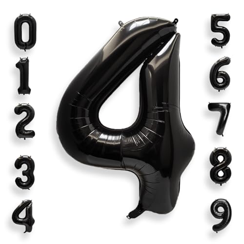 Image of AULE 40 Inch Big Black 4 Balloon Number Large Foil Helium Number Balloons 0-9 Jumbo Giant Happy 4th Birthday Party Decorations for Boy or Girl Huge Mylar Anniversary Party Supplies