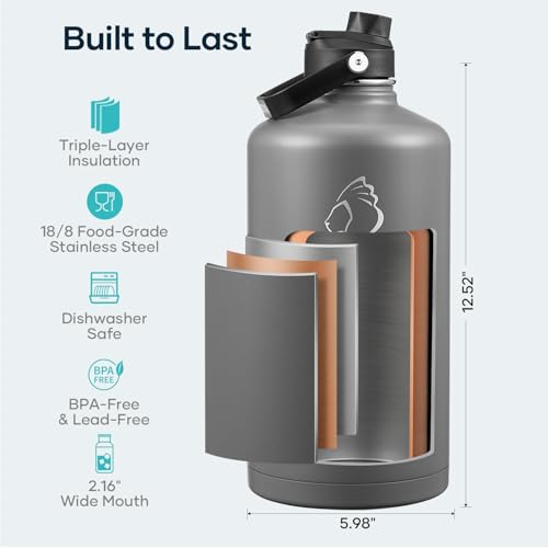 Image of BUZIO 1 Gallon Water Bottle Insulated with Dust-Proof Straw & Spout Lids