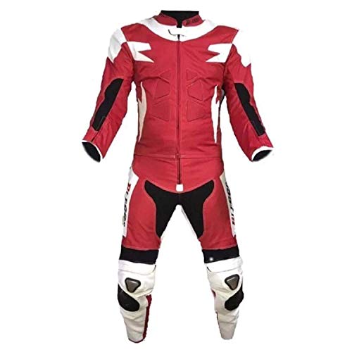 Biesse - Volwassen lederen en stoffen motorpak, 2 stuks jas en broek, verstelbaar, zwart/rood, zwart/blauw en wit/rood, maten XS - 4XL, CE-bescherming inclusief M wit/rood