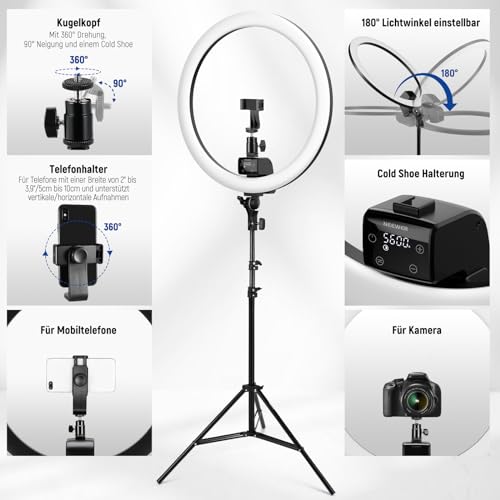 NEEWER Ringlicht SRP18-2,4G 18 Zoll LED mit Ständer und Telefonhalter, 2,4G & Manual Touch Control Professional Ringlicht, 42W 3200-5600K für Tattoo Wimpern Friseur Fotografie Beleuchtung,(Schwarz)