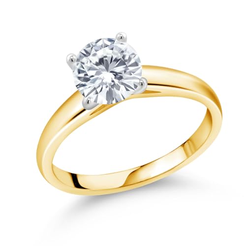 Gem Stone King 10K Yellow Gold Moissanite Solitaire Engagement Ring For Women | 1.20 Cttw | Round 7MM | Available In Size 5, 6, 7, 8, 9