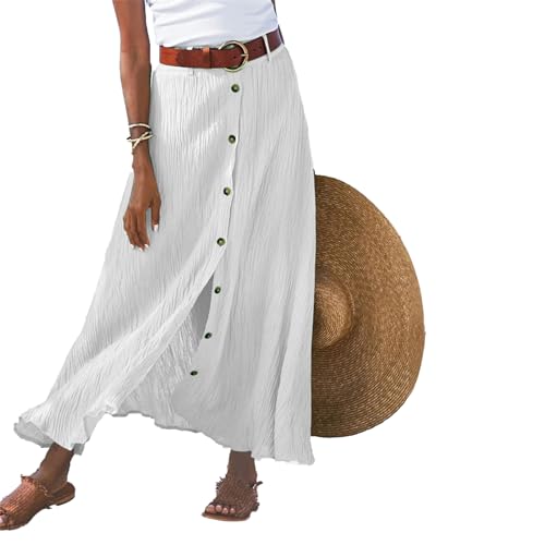 IVERIRMIN Women's Casual Button Down Long Skirt Summer Lightweight High Waist Solid Color Midi Maxi A-line Beach Skirts