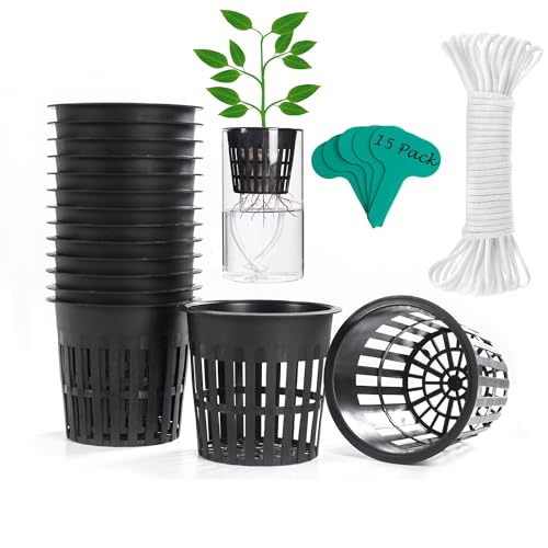 ORIMERC 4 inch 15 Pack Net Cups Pots with 15 feet Self Watering Rope 15 Plant Labels for Hydroponics Aquaponics Kratky Orchid Vegetable Indoor Outdoor Growing Baskets Nursery Slotted Mesh BPA Free