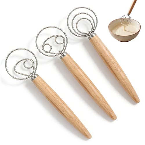 Ztolbriy Batidor Manual Danés, 3 Piezas Batidor de Masa de 33.3cm con Mango de Madera, Batidora Manual para Amasar Pan, Batir Huevos y Preparar Masa, Ideal para Hornear y Uso en Cocina