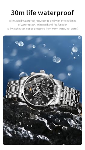 Image of OLEVS Chronograph Watches for Men Original Analog Quartz Silver Stainless Steel Chain Luxury Dual Time Zone Moon Phase Date Waterproof Men's Wrist Watch