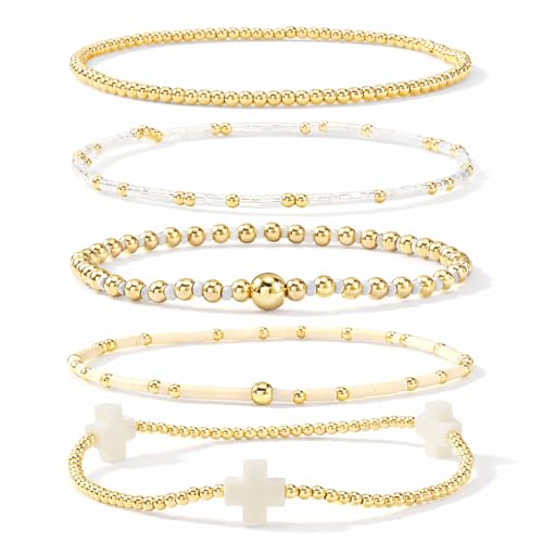 EQUBIO Gold Beaded Cross Bracelet for Women 14K Plated Adjustable Stackable Dainty Bracelets Non Tarnish Fashion Jewelry Set Gifts for Women Birthday Friendship (white)