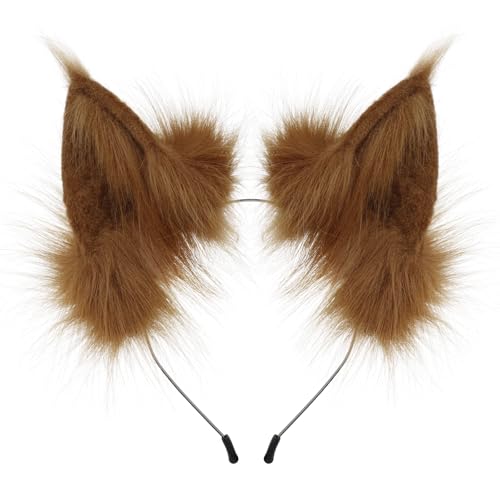 CROOOLTRRY Fluffy Fox Anime Ears Cat Hairband Wolf Headband For Cosplay Costume Halloween (Ear32-Brown)