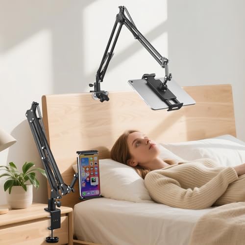 タブレット スタンド アーム ipadスタンド 寝ながら ベッド用 360回転 スマホスタンド 縦横両対応 動画鑑賞、ビデオ通話、生放送、Web会議などに活用 4.5-13.5インチの iPad/iPhone/Surface/Galaxy/mini/Kindle/Switchに対応 (Black)