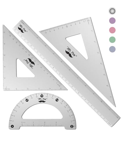 Mr. Pen Metal Geometry Kit - 4Pack Set Square, Protractor, Aluminum Ruler, Drafting Triangles