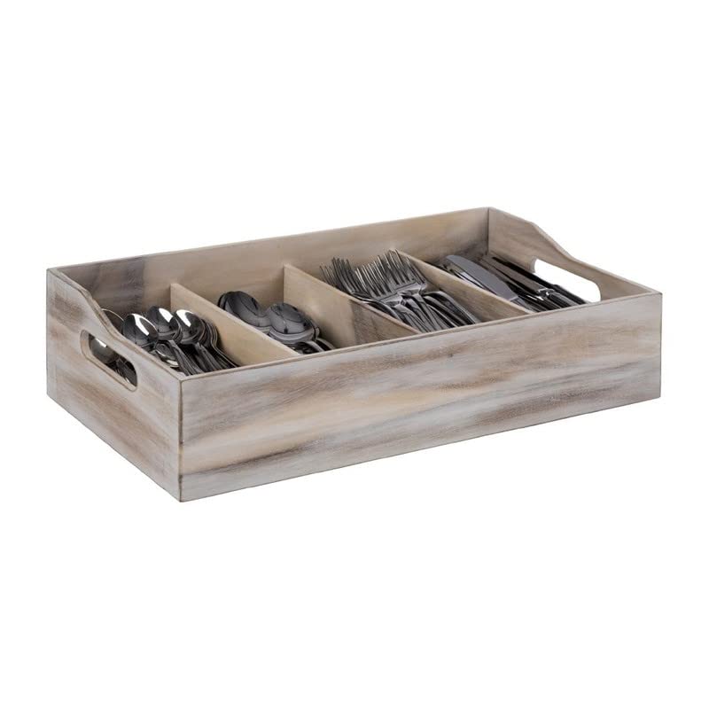 APS 11951 Range-couverts, 51 x 28 cm, hauteur 13 cm, bois d'acacia Vintage White, 4 compartiments de 26 x 11,5 cm chacun