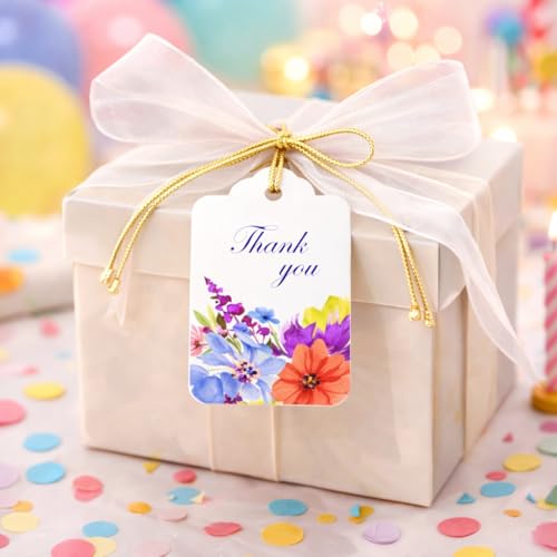 Image of CVANU Floral Thank You Gift Tags (Set of 100), Elegant Flower Design (D13) Hanging Tags with Gold String for Wedding Return Gifts & Small Business Packaging (2.85 x 1.7 Inch)