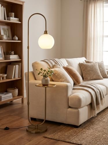 Image of Divine Trends Modern Table Shelf LED Floor Lamp Standing Brass Antique Finish 5ft Height with Shelf Diameter 10 Inches and Glass Milky White Globe Lampshade (Pack of 1)