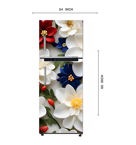 Image of DesignDecor Vinyl 3D Flower Fridge Sticker, 24x60 cm, Marble Texture, Double Door Refrigerator (White)