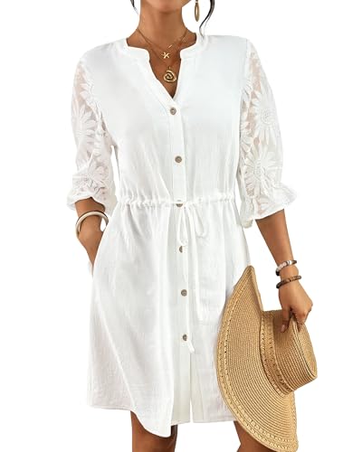 Image of Bsubseach V-Neck Daily Dress for Women Shirt Dress with Pockets White M