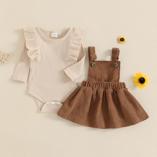 KMBANGI Newborn Infant Baby Girl Skirt Set Ruffle Long Sleeve Knit Romper Corduroy Suspender Dress Skirt Fall Winter Clothes2
