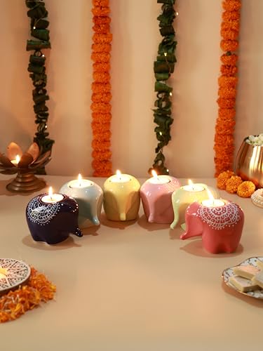 Image of Craftribal's Elephant Shaped Ceramic Table Tea-Light Holder-Votive Tealight Holder for Dining Table Candle Stand for Home Decoration Candle Holders for Home Items in Living Room(Mulitoclor,Set of 6)