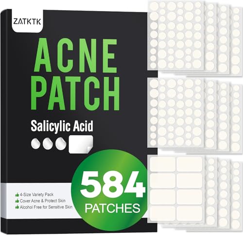 ZATKTK Pimple Patches for Face 584 Count Hydrocolloid Acne Patches with Salicylic Acid Bulk Pimple Stickers for Zit Breakouts and Blemishes 4 Sizes Fast Absorbing Spot Patch