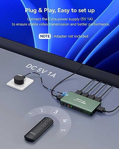 Image of HDMI Switch 5 in 1 Out 4K@60Hz, GANA HDMI Splitter Switcher with Remote, Aluminum HDMI 2.0 Switch Box Hub for 3D, HDCP2.2, HDR, Compatible with Xbox, PS5 /4 /3,Fire Stick,Roku,Blu-Ray Player, Green