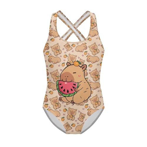 Image of Capybara Swimsuits for Girls 10-12 Casual One Piece Bathing Suit Trendy Comfy Summer Swimwear with Cross Straps Breathable Athletic Swim Wear