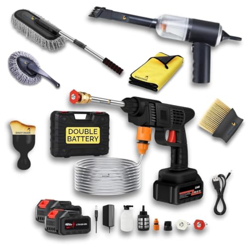 SHAYONAM 7 Item Cordless Car Accessories Combo Pressure Washer Gun(duable Battery) | Long Handle/Small Car Duster | Car Shaped Cleaning Cloth|Scratch & Lint Free, Pollen Removing