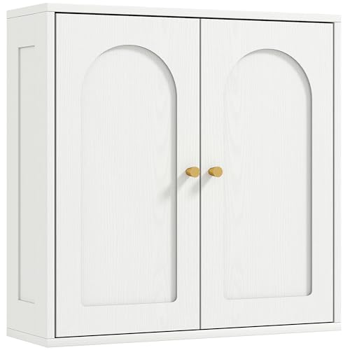 HOMCOM Armario de Baño de Pared Mueble de Baño Colgar con Estantes 2 Puertas con Diseño de Arco Tiradores Dorados 60x20x60 cm Blanco