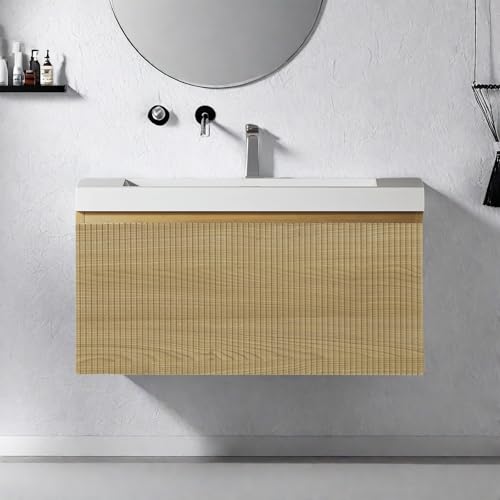 Image of Wall Mounted Bathroom Sink Vanity, Modern 30 inch Floating Vanity with Resin Top Basin Sink and U-Shaped Soft-Close Storage Drawer, Striped Bathroom Storage Cabinet with Invisible Handle, Wood