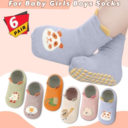 Image of TONY STARK BABY 6 Pairs Ultra-Soft Cotton Baby Socks Set, Antislip Socks for New Born Babies 0-3 Years, Non Slip Grip Ankle Socks with Non Skid Soles for Infants Baby Shower Gifts - Random colors