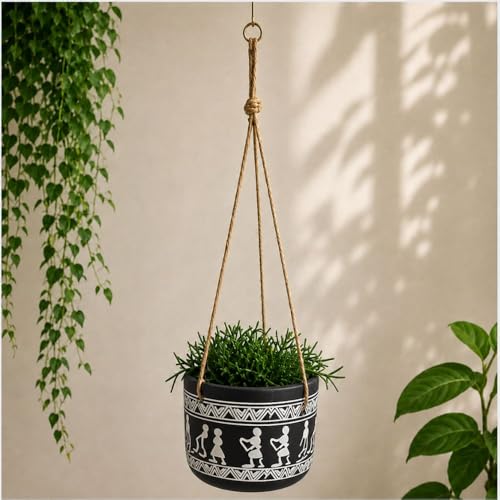 Image of Urban Upvan Tribal Art Design Printed Black Hangingpot with Rope - Premium Decorative Planter for Indoor & Outdoor Plants, Modern Elegant Flower Pot for Home, Garden & Office