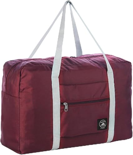Bizvan Foldable Travel Duffel Bag Large Waterproof Lightweight Tote for Clothes Storage Black with White Straps (Red)