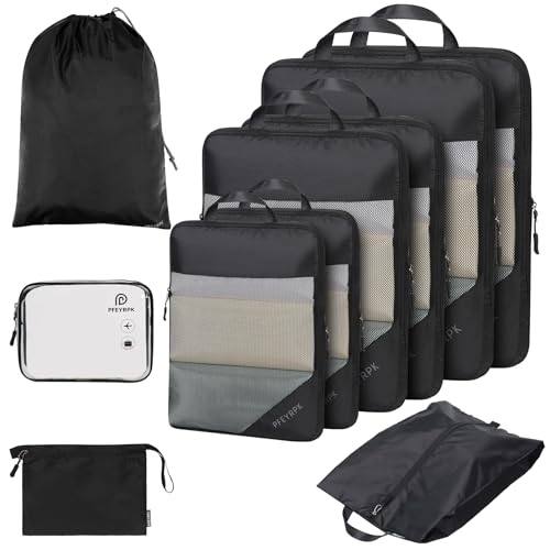 PFEYRPK Compression Packing Cubes for Travel - Compressible, Lightweight, and Space-Saving Packing Cubes, Travel Essentials for Efficient Organizers (Black, 10 Set)