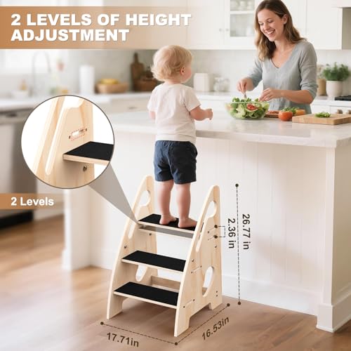 Toddler Step Stool, Wooden Height-Adjustable 3-Step Stool for Kids, Potty Training Stool with Handles and Non-Slip Pads for Bathroom Sink, Kitchen, Bedroom - Image 3