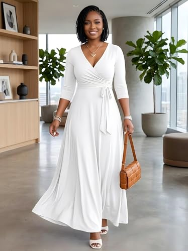 Image of PinkPatty Women's Plus Size Maxi Dresses Casual Flowy 3 /4 Sleeves Dress Printed Vacation Dress for Daily Wear with Belt