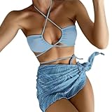 レディース プリント水着 ホルター ビキニ セット 3 ピース水着 ビーチ スカート付き セクシーな十字水着 ビーチウェア用 女性十字水着 プリント ビキニ 3 ピース水着 付き