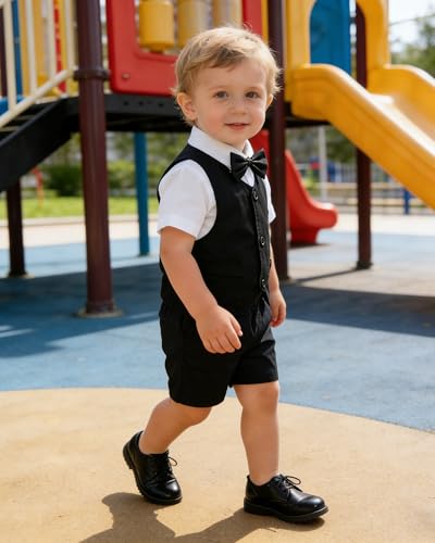 Image of SANGTREE Baby Boy Suit Wedding Ring Bearer Outfits Vest Short Sleeve Bowtie Shirt Suspender Summer Gentleman Shorts Sets