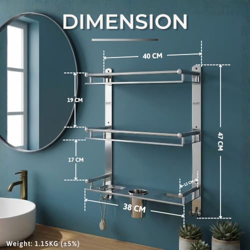 Image of GLOXY Premium 3 Layer Bathroom Shelves Rack - Wall Mount Chrome Finish Stainless Steel Bathroom Shelf with Soap Dish, Toothbrush Holder & Multipurpose Hooks - 4in1 Bathroom Fittings Accessories Set