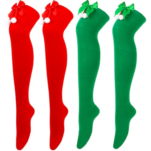 Image of Christmas Thigh High Stockings Bow Striped Stockings Holidays Knee Stocking for Women 2 Pairs