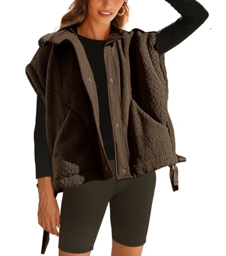 Yozazzy Sherpa Vest Women Oversized Sleeveless Fleece Fuzzy Jacket Winter Zip Up Gilet Outerwear with Pockets(Brown-M)